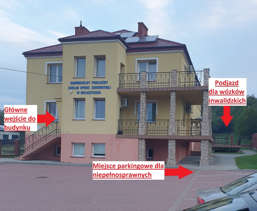 Zdjęcie przedstawia budynek SPZOZ w Kołaczycach z zaznaczonym głównym wejściem, podjazdem dla wózków oraz miejscem parkingowym dla niepełnosprawnych. Zdjęcie przedstawia budynek SPZOZ w Kołaczycach z zaznaczonym głównym wejściem, podjazdem dla wózków oraz miejscem parkingowym dla niepełnosprawnych.