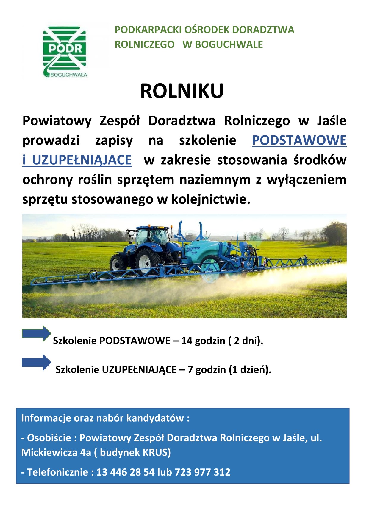Plakat z informacją o szkoleniu w zakresie stosowania środków ochrony roślin