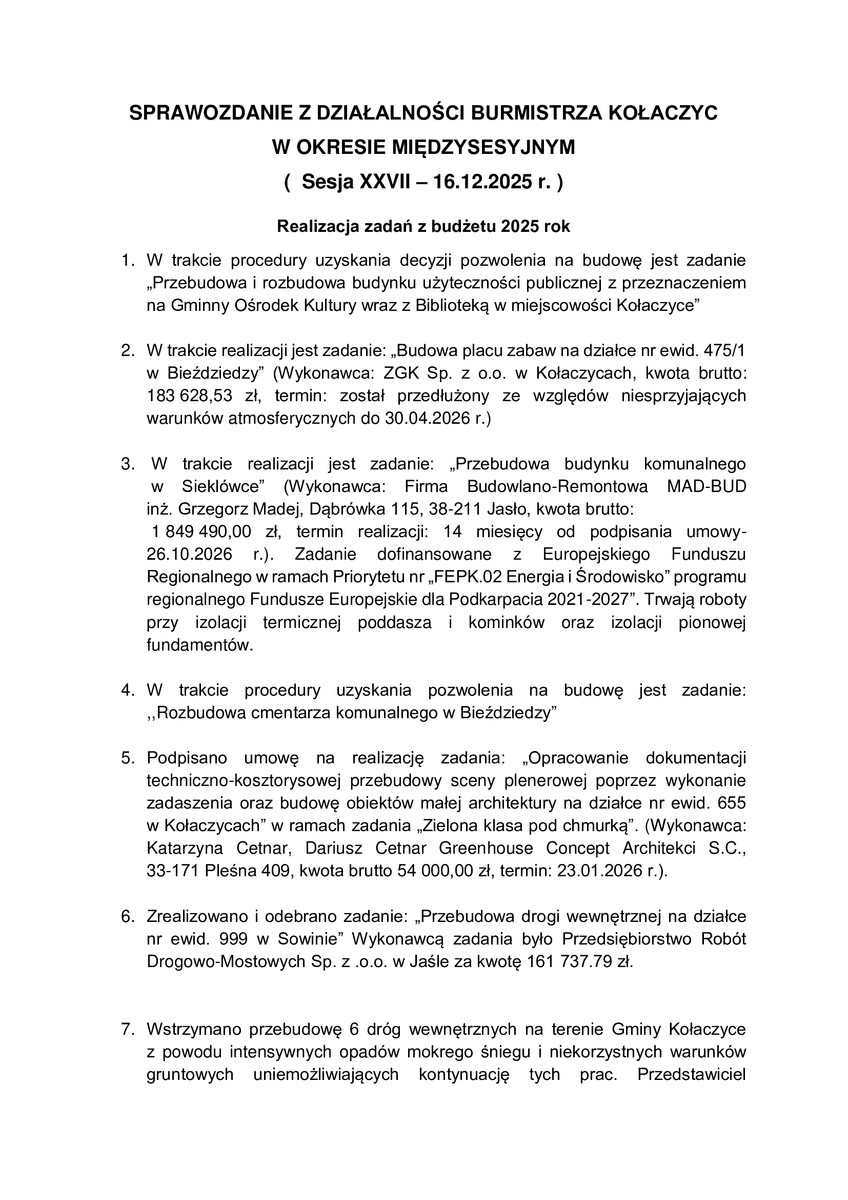 Sprawozdanie z działalności Burmistrza Kołaczyc w okresie międzysesyjnym