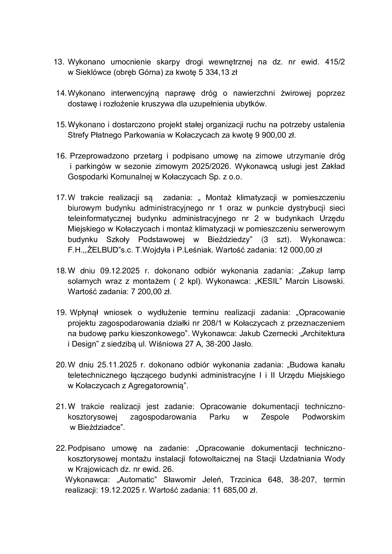 Sprawozdanie z działalności Burmistrza Kołaczyc w okresie międzysesyjnym