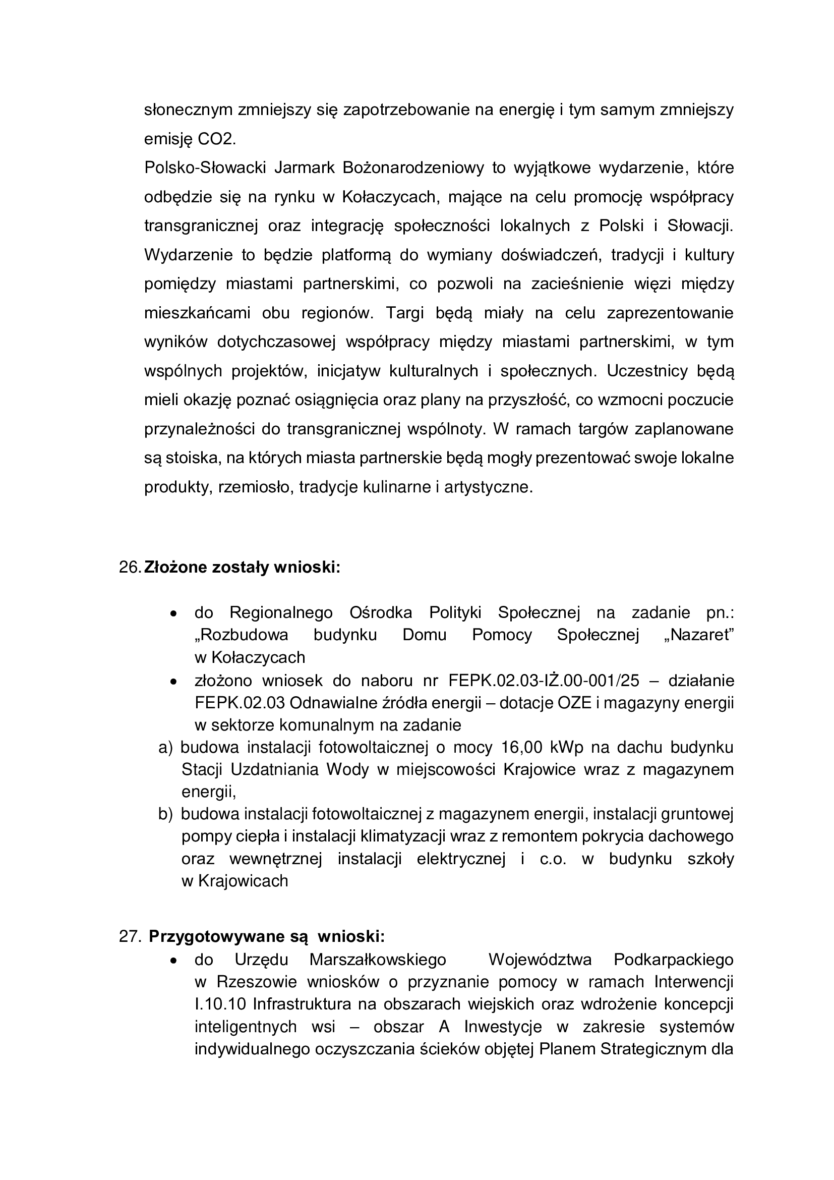 Sprawozdanie z działalności Burmistrza Kołaczyc w okresie międzysesyjnym